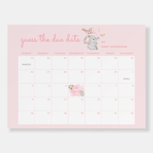 Pink Elephant Guess the Due Date Baby Shower Foam Board