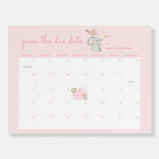 Pink Elephant Guess the Due Date Baby Shower Foam Board (Front)