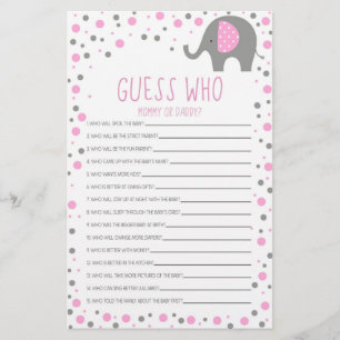 Pink Elephant Guess Who Baby Shower Game Stationery