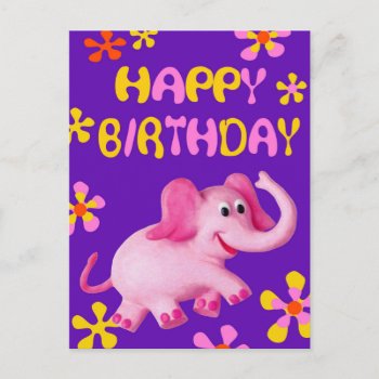 Pink Elephant Happy Birthday Postcard by AmyVangsgard at Zazzle