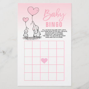 Pink Elephant Heart Girl Baby Shower BINGO Cards Flyer