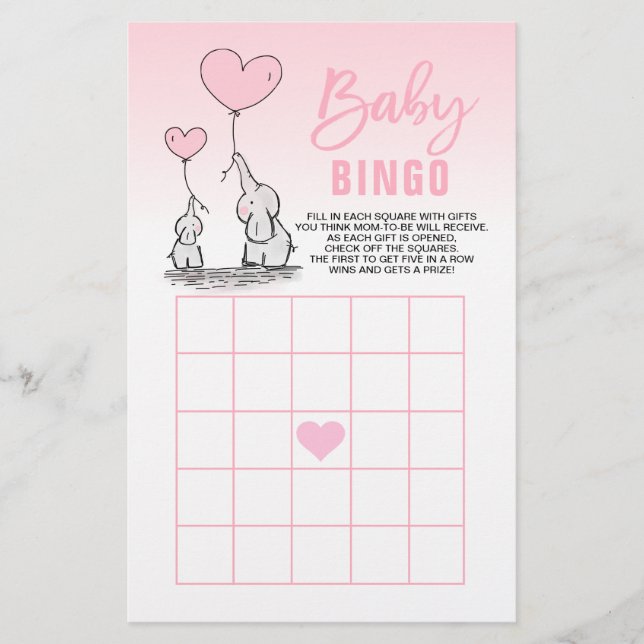 Pink Elephant Heart Girl Baby Shower BINGO Cards Flyer (Front)