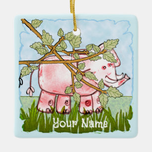 Pink Elephant Hiding Ceramic Ornament
