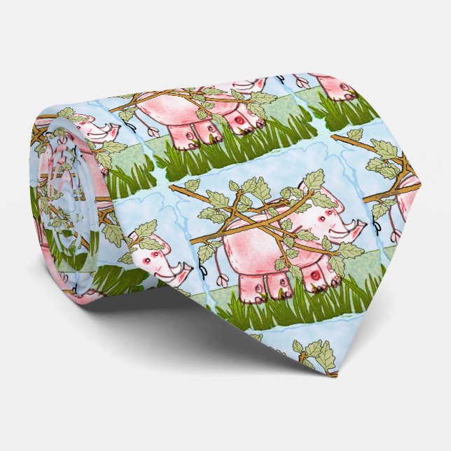 Pink Elephant Hiding  Neck Tie (Rolled)