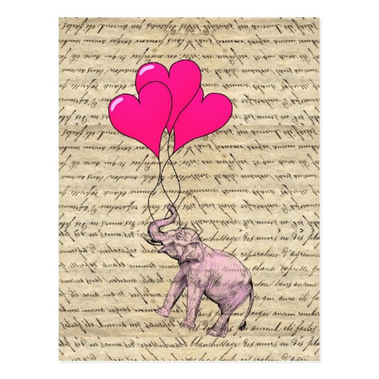 Pink elephant holding balloons postcard