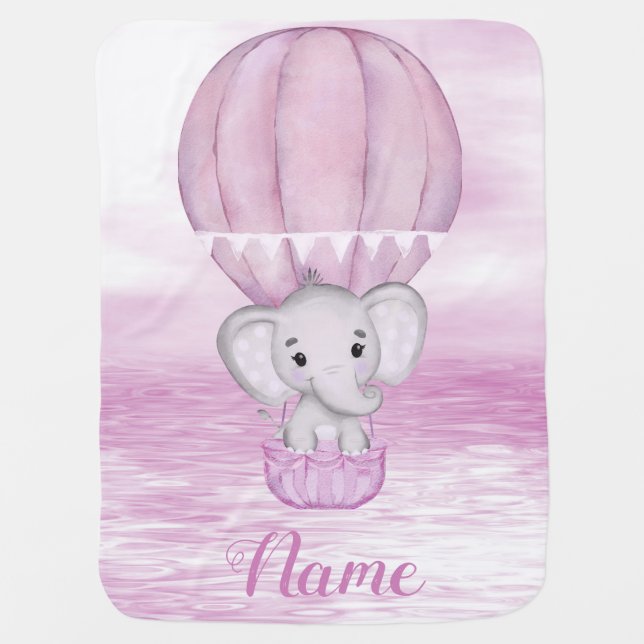 Pink Elephant Hot Air Balloon Baby Blanket (Front)