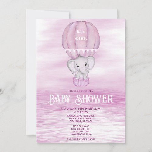 Pink Elephant Hot Air Balloon Baby Shower Invitation