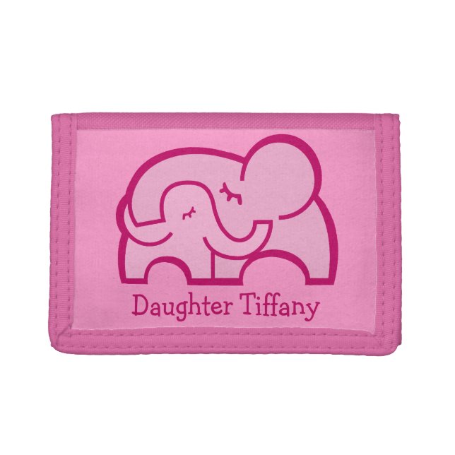 Pink elephant hug add your name purse tri-fold wallet (Front)