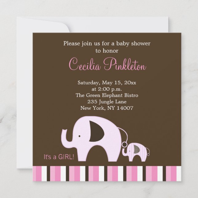 Pink Elephant (It's a Girl) 5x5 Invite (Front)