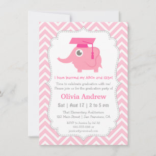 Pink Elephant Kids Kindergarten Graduation Party Invitation
