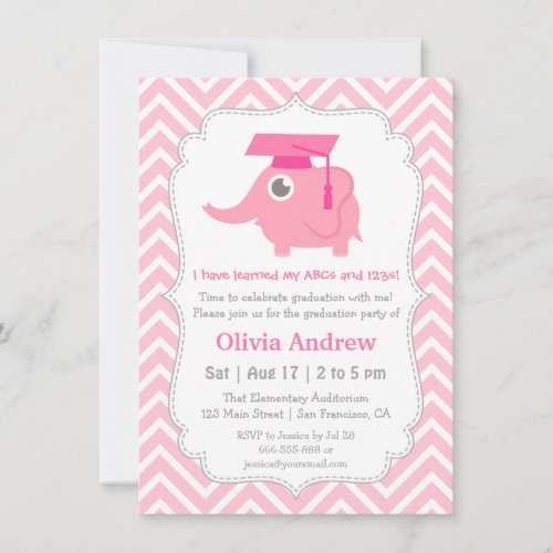 Pink Elephant Kids Kindergarten Graduation Party 4.5x6.25 Paper Invitation Card