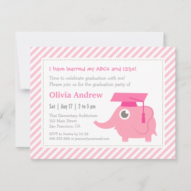 Pink Elephant Kids Kindergarten Graduation Party Invitation (Front)