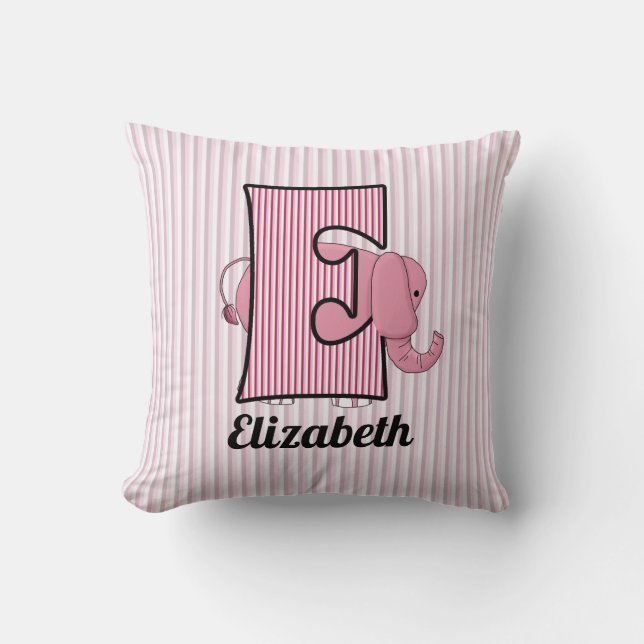 Pink Elephant Kid's Monogrammed E Throw Pillow (Front)