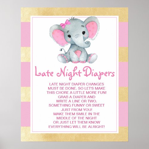 Pink Elephant Late Night Diapers Baby Shower Game Poster