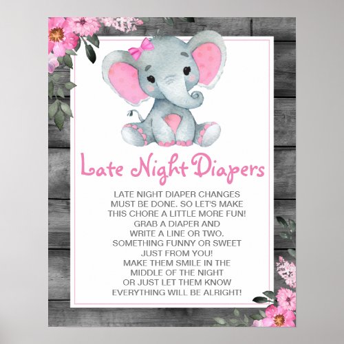 Pink Elephant Late Night Diapers Baby Shower Sign