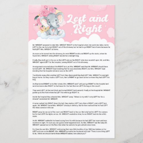 Pink Elephant Left and Right Baby Shower Game