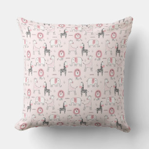 Pink Elephant Lion, Zebra Zoo Animals Beach Ocean Throw Pillow