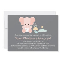 Pink Elephant Little Bird Baby Shower Invitation