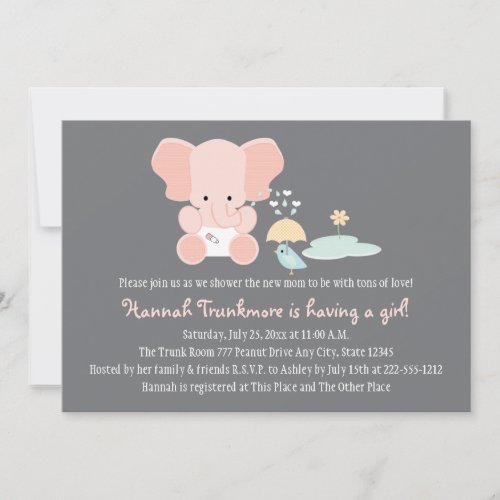 Pink Elephant Little Bird Baby Shower Invitation