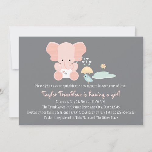 Pink Elephant Little Bird Baby Sprinkle Invitation