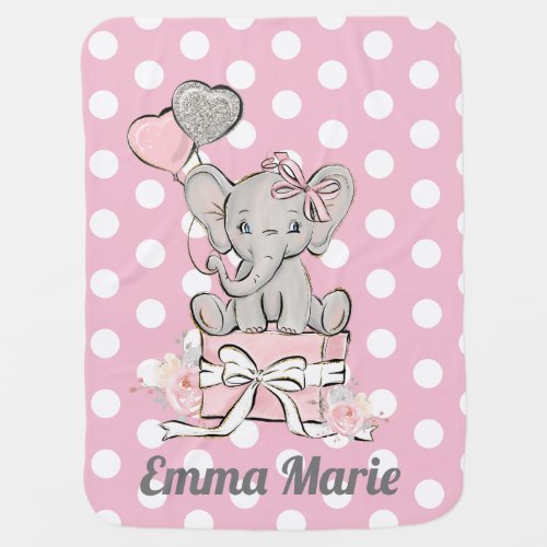 Pink Elephant Little Girl Silver Glitter Balloons Baby Blanket