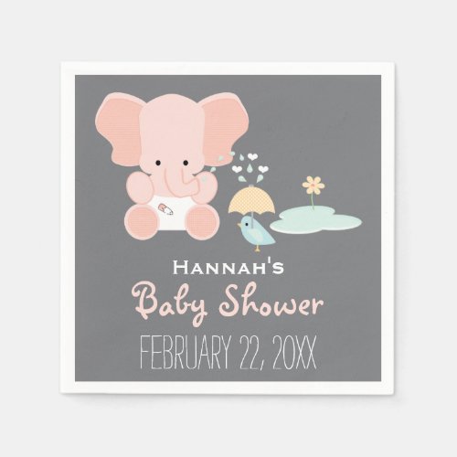 Pink Elephant Little in Diapers Bird Baby Shower Napkins