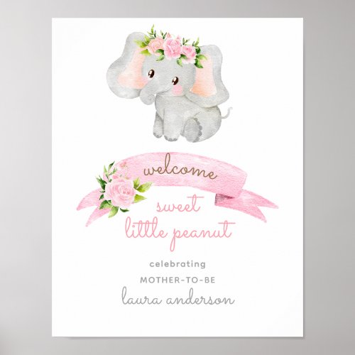 Pink Elephant Little Peanut Baby Shower Welcome Poster