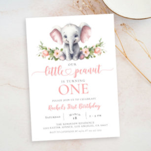 Pink Elephant Little Peanut Girl 1st Birthday Invitation