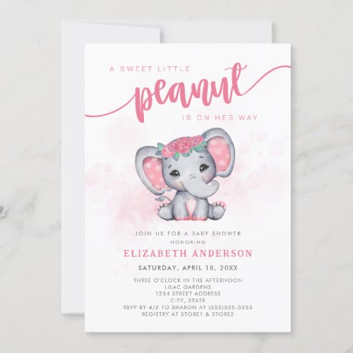 Pink Elephant Little Peanut Girl Baby Shower Invitation