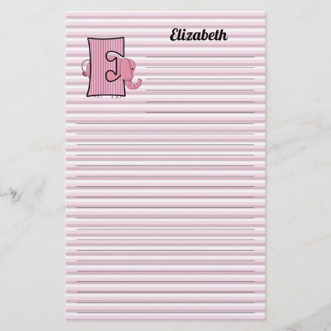 Pink Elephant Mongrammed Letter E Lined Stationery (Front)
