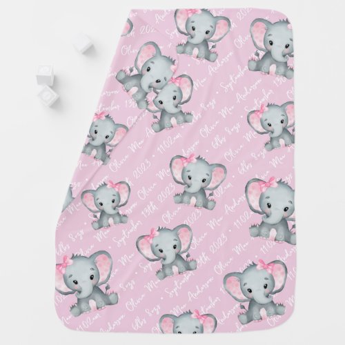 Pink Elephant Monogram Birth Stats Baby Blanket