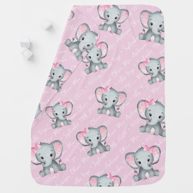 Pink Elephant Monogram Birth Stats Baby Blanket (In Situ)