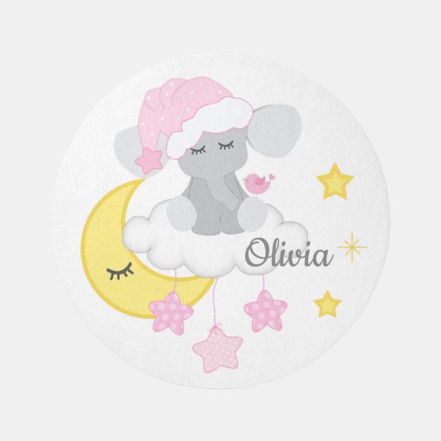 Pink Elephant Moon Stars Bird Baby Girl Nursery Rug (Front)