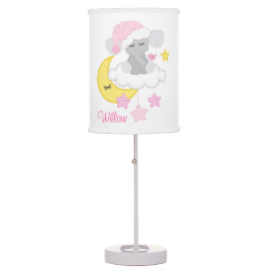 Pink Elephant Moon Stars Clouds Baby Girl Nursery Table Lamp