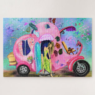 Pink Elephant Motorhome Traveling Girl Puzzle Gift