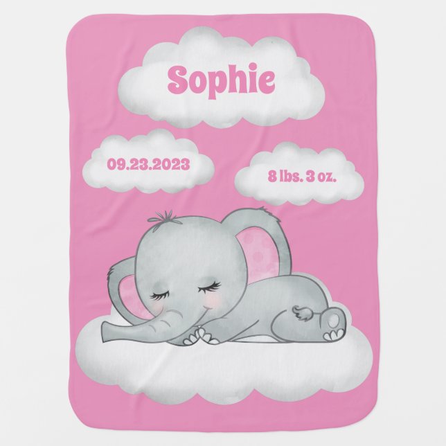 Pink Elephant Name Birth Stats Keepsake Baby Blanket (Front)