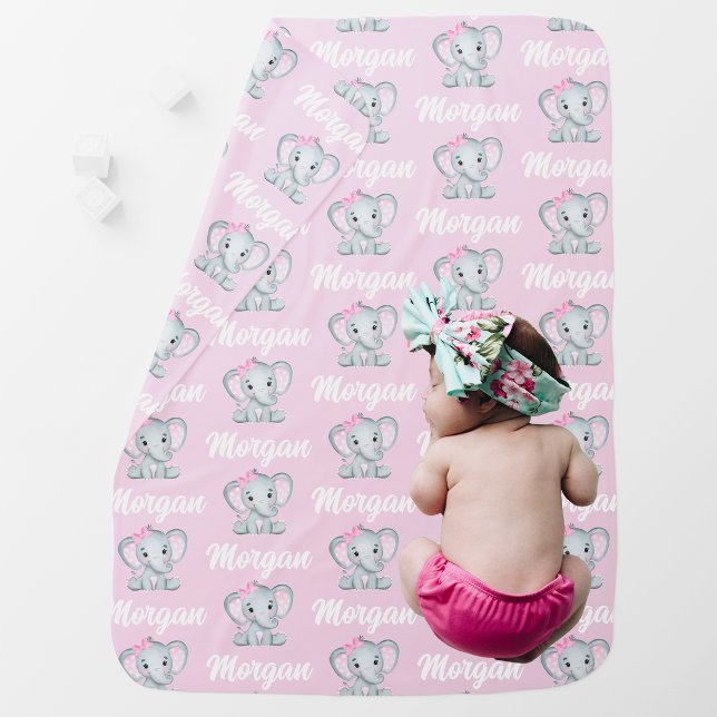 Pink Elephant Name Monogram Baby Blanket (Creator Uploaded)
