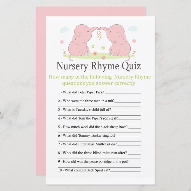 Pink Elephant Nursery Rhyme Quiz baby shower game (Front/Back)