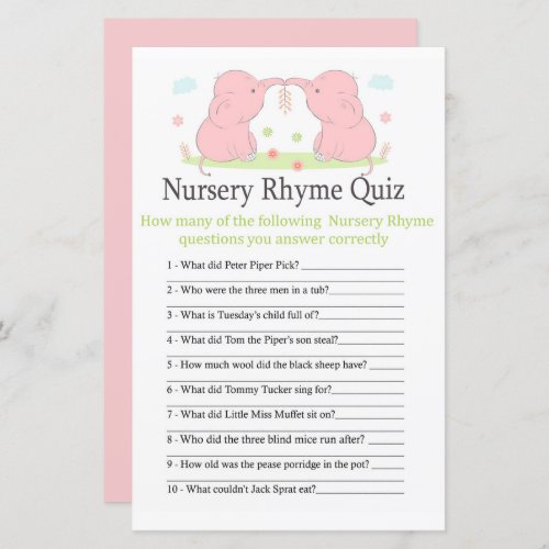 Pink Elephant Nursery Rhyme Quiz baby shower game