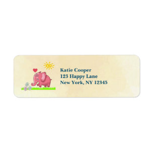 Pink Elephant On Green Grass Smelling Flowers Label