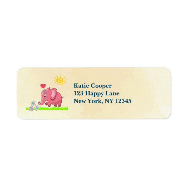 Pink Elephant On Green Grass Smelling Flowers Label (Front)