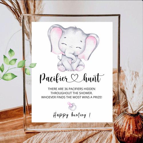 Pink Elephant Pacifier Hunt Baby Shower Game Poster