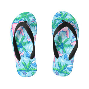 Pink Elephant Palm Tree Tropical Kid's Flip Flops