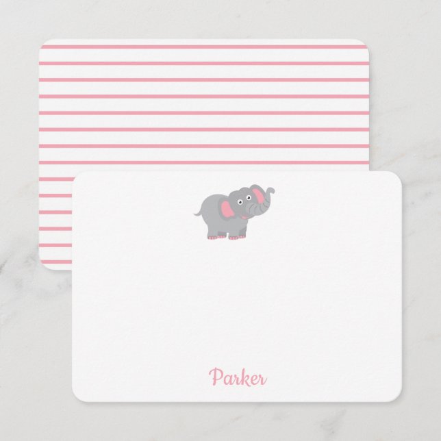 Pink Elephant Personalized Kids Stationery Thank You Card (Front/Back)