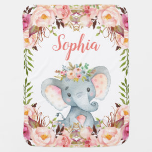 Pink Elephant Personalized Name Baby Girl Baby Blanket
