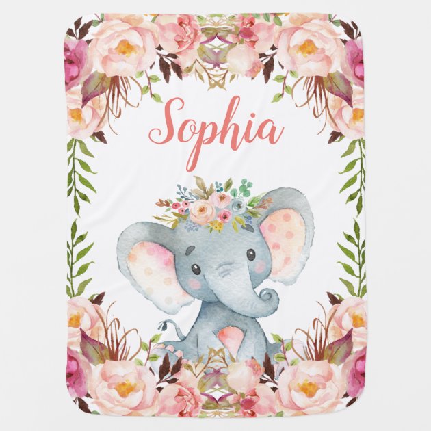 Baby Name Blanket Girl Baby Blanket Floral Elephant Baby Blanket Baby Girl Blanket Personalized Baby Blanket Elephant Elephant Nursery