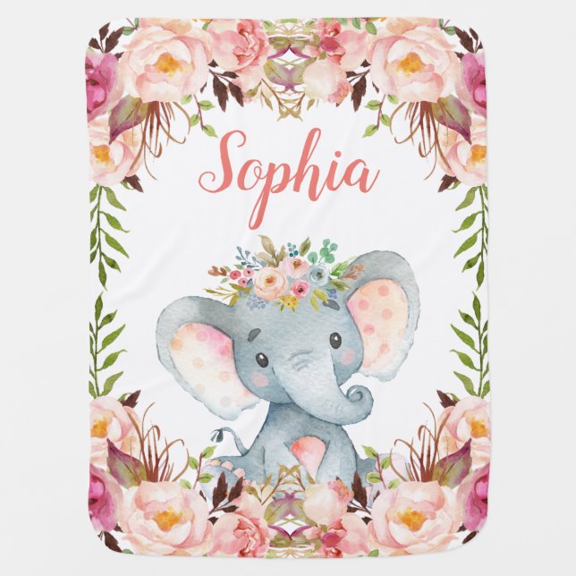 Pink Elephant Personalized Name Baby Girl Baby Blanket (Front)