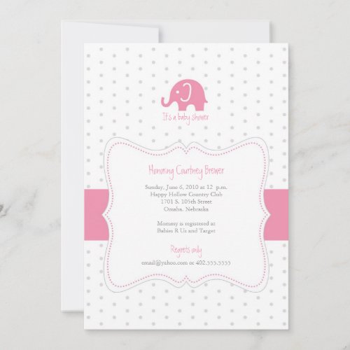 Pink Elephant Polkadot Baby Shower Invitation
