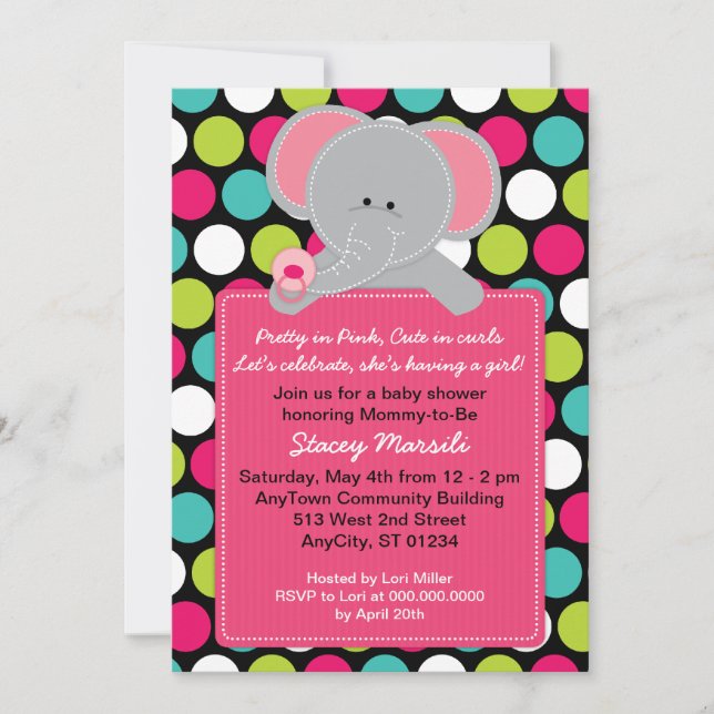 Pink Elephant Polkadot Baby Shower Invitation (Front)