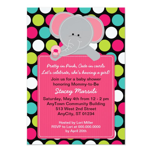 Pink Elephant Polkadot Baby Shower Invitation